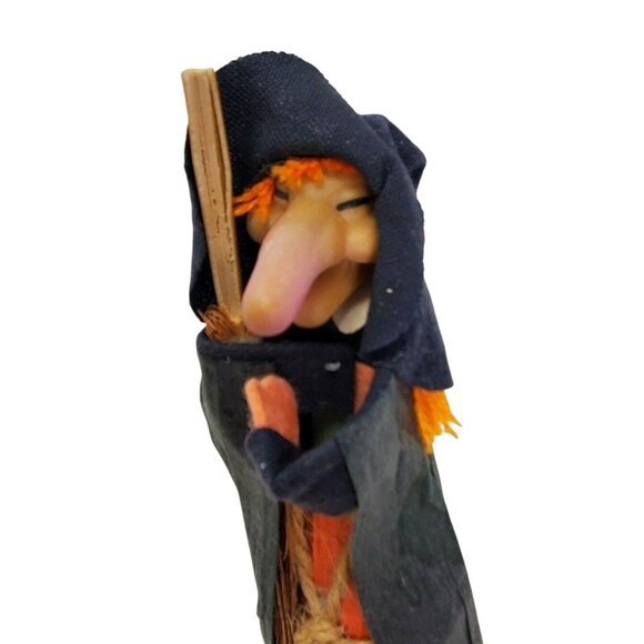 Vintage Halloween Witch Figurine w/ Broom Black Crepe Paper & Felt German Style - Picture 8 of 10
